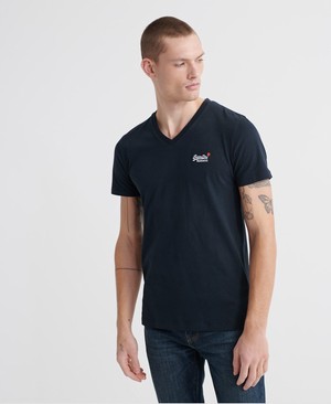 Superdry Organic Cotton Vintage Embroidery V-Neck Férfi Pólók Sötétkék | MQVCW4352